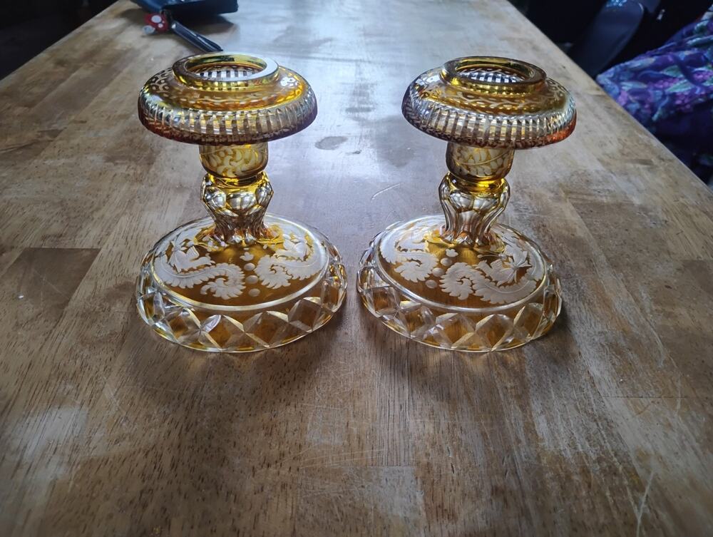 Vintage W. Germany Bohemian Amber Cut Candle Holders 5"